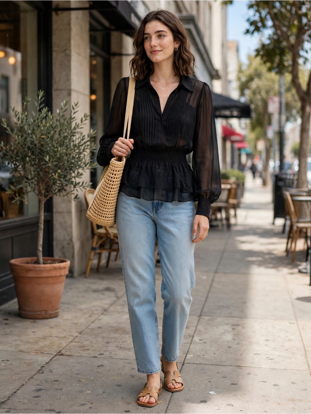 Zara Black Sheer Pintuck Button-Up Blouse